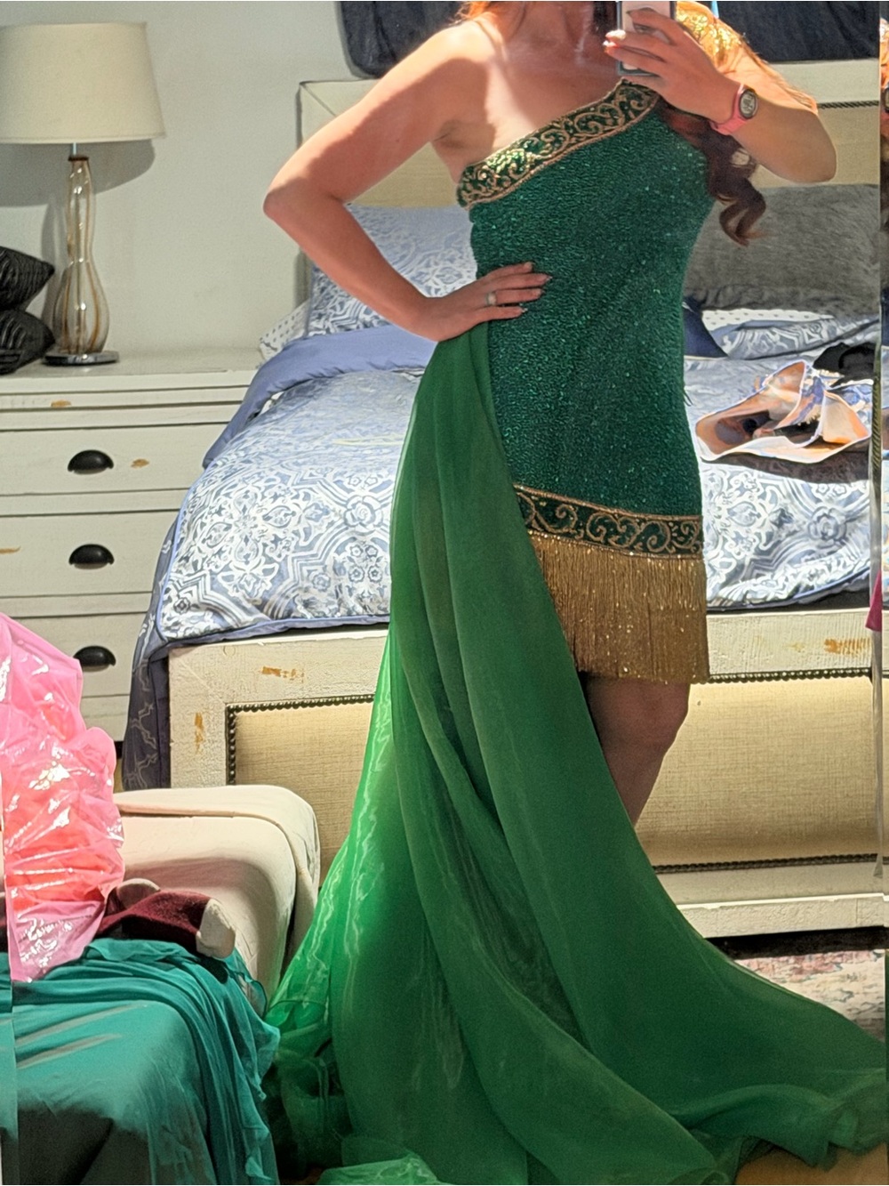 One-Shoulder Green & Gold Pageant Fun Fashion / Runway